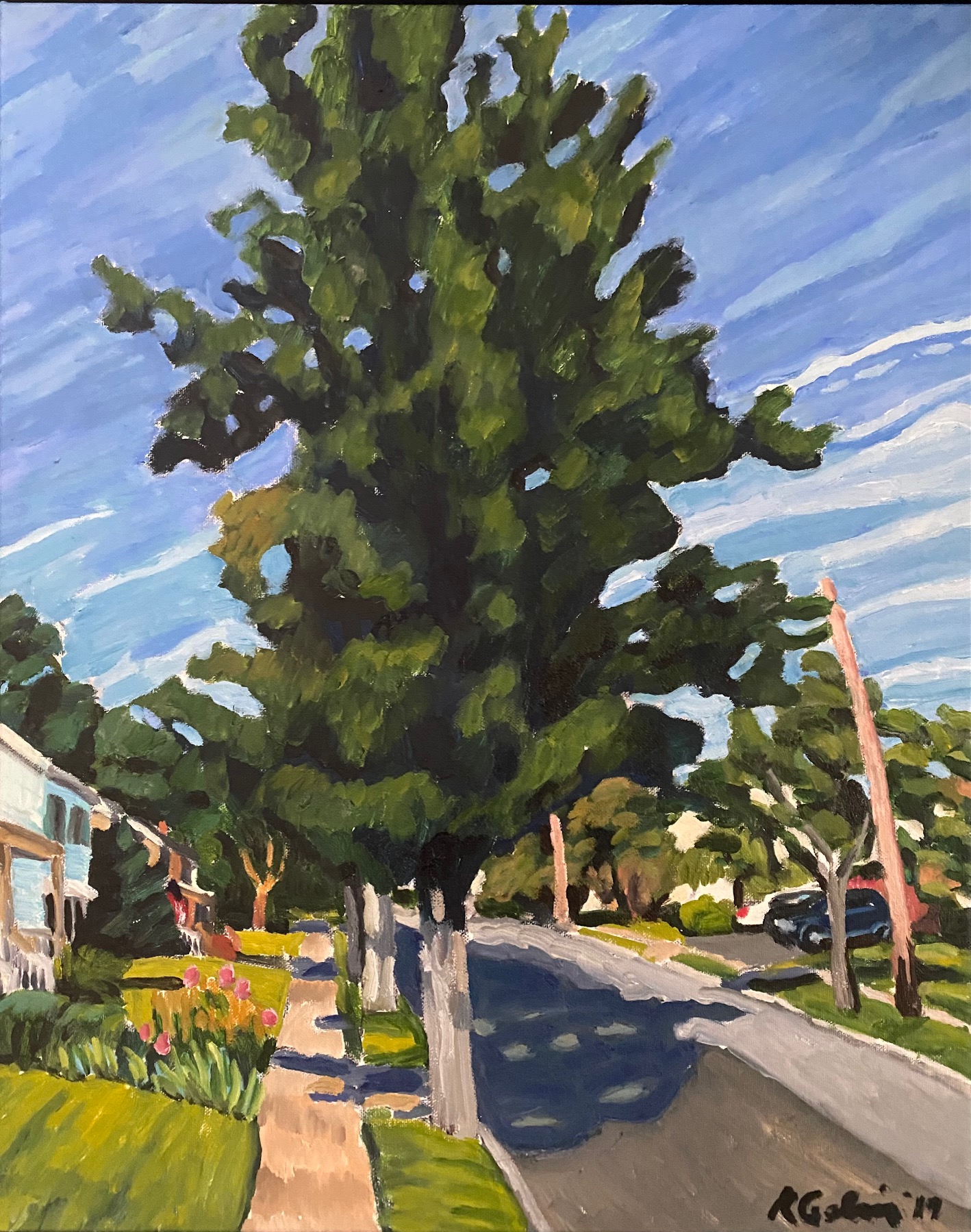 A picture of Trees, Iris and Tulips